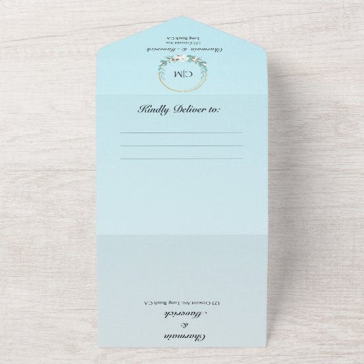 Eleganter Monogram Summer Beach Hochzeit in einem All In One Einladung (Außenbereich)