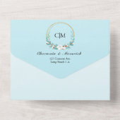 Eleganter Monogram Summer Beach Hochzeit in einem All In One Einladung (Rückseite)
