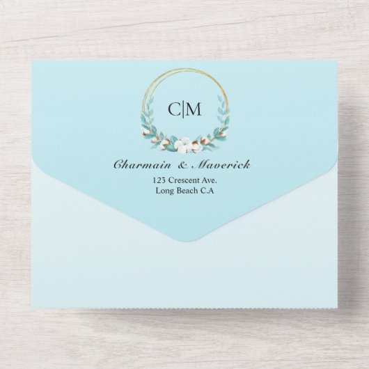 Eleganter Monogram Summer Beach Hochzeit in einem All In One Einladung (Rückseite)