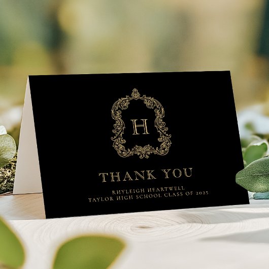 Eleganter Monogram Wappen Black Gold Abschluss Dankeskarte