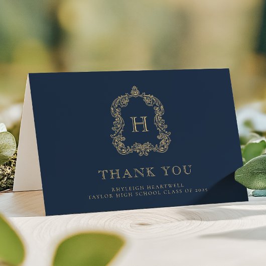 Eleganter Monogram Wappen Navy Blue Gold Abschluss Dankeskarte