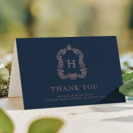 Eleganter Monogram Wappen Navy Blue Rose Abschluss Dankeskarte