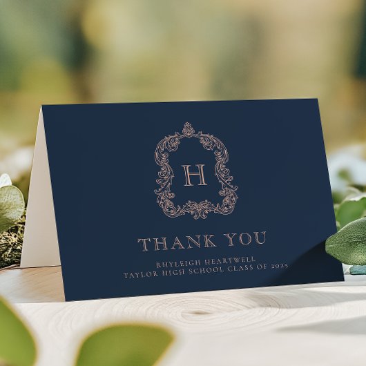 Eleganter Monogram Wappen Navy Blue Rose Abschluss Dankeskarte