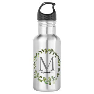 Eleganter Monogram Watercolor Eukalyptus Edelstahlflasche