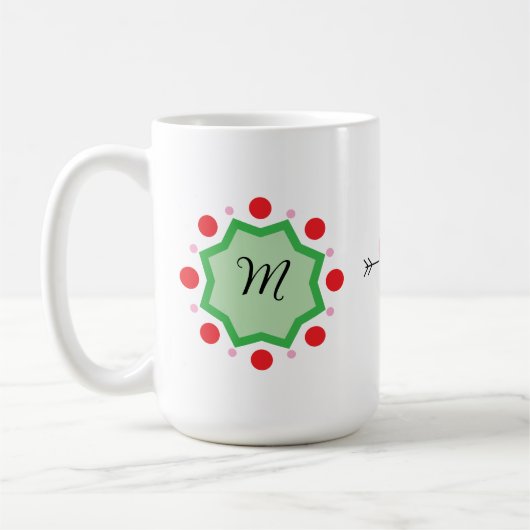 Eleganter Monogramm-Buchstabe M – Grünes Emblem mi Kaffeetasse (Links)