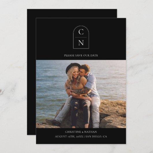 Eleganter Monogramm-Foto QR-Code Save The Date (Vorne/Hinten)