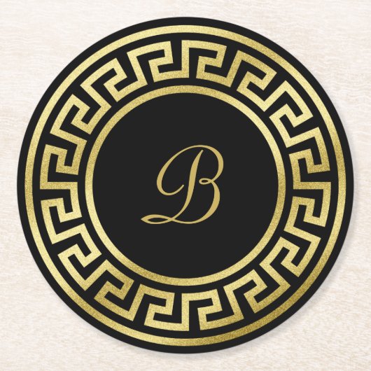 Eleganter Monogramm-GoldGlitzer-griechisches Runder Pappuntersetzer (Vorderseite)