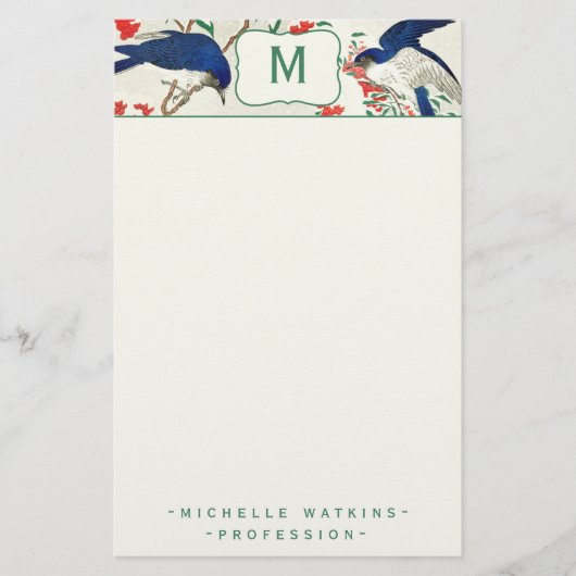 Eleganter Monogramm-Japanischer Holzblock-Bird Briefpapier (Vorderseite)