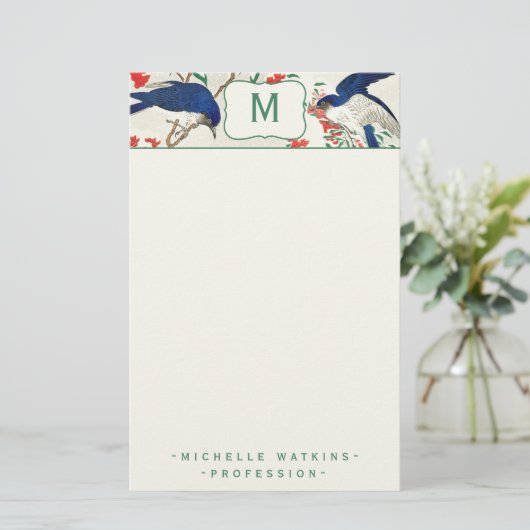 Eleganter Monogramm-Japanischer Holzblock-Bird Briefpapier (Stehend Vorderseite)