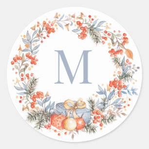 Eleganter Monogramm-Kranz Dusty Blue Modern Runder Aufkleber
