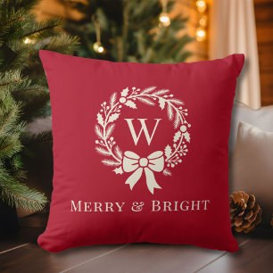 Eleganter Monogramm-Kranz Merry And Bright Weihnac Kissen