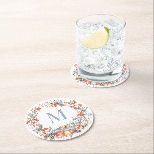 Eleganter Monogramm-Kranz Staubblau Modern Runder Pappuntersetzer