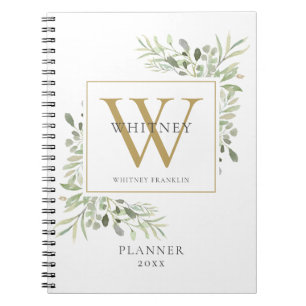 Eleganter Monogramm-Name-Kalender für Grünpflanzen Notizblock