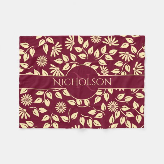 Eleganter Monogramm Name Leaf Daisy Muster Burgund Fleecedecke (Vorderseite (Horizontal))