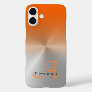 Eleganter Monogramm-Name Orange Ombre Faux-Metall iPhone 16 Plus Hülle