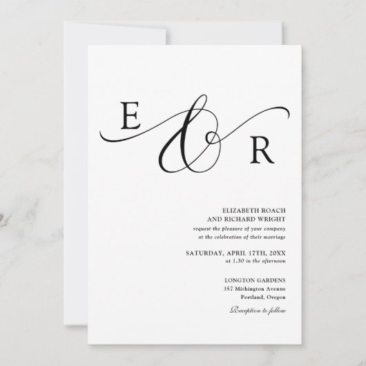 Eleganter Monogramm-QR-Code Schwarz-Weiß-Hochzeit Einladung (Vorderseite)