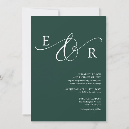 Eleganter Monogramm-QR-Code Smaragdgrüne Hochzeit Einladung (Vorderseite)