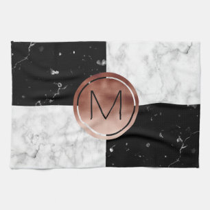 Eleganter monogramm Rose Gold Schwarz-weißer Marm Geschirrtuch