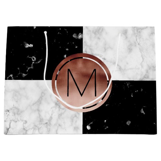 Eleganter monogramm Rose Gold Schwarz-weißer Marmo Große Geschenktüte (Vorderseite)