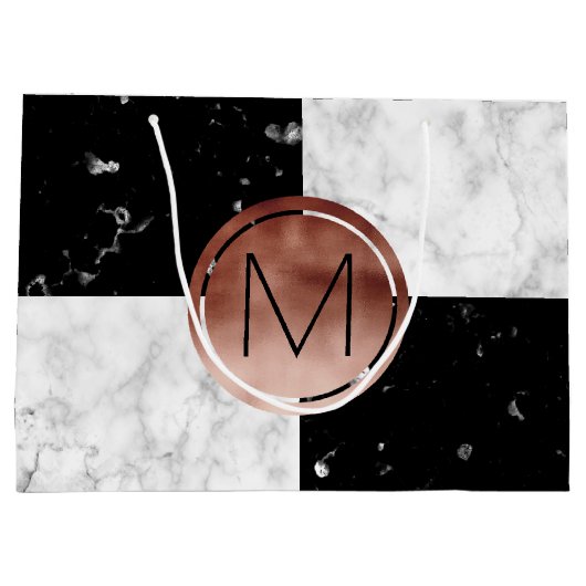 Eleganter monogramm Rose Gold Schwarz-weißer Marmo Große Geschenktüte (Rückseite)