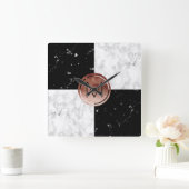 Eleganter monogramm Rose Gold Schwarz-weißer Marmo Quadratische Wanduhr (Zuhause)