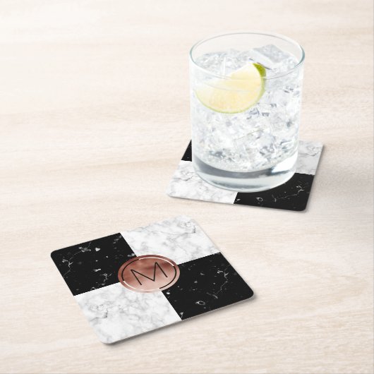 Eleganter monogramm Rose Gold Schwarz-weißer Marmo Rechteckiger Pappuntersetzer (Vor Ort)