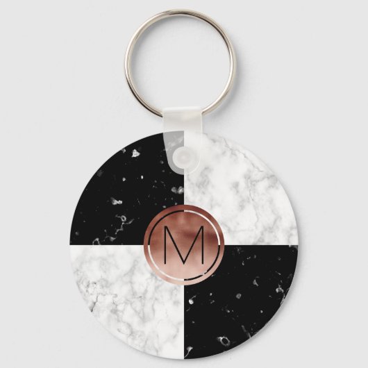 Eleganter monogramm Rose Gold Schwarz-weißer Marmo Schlüsselanhänger (Vorderseite)