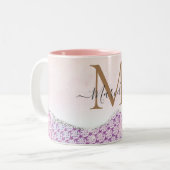Eleganter Monogramm Rose Rosa Glitzer Kaffeemaschi Zweifarbige Tasse (Vorderseite Links)