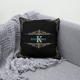 Eleganter Monogramm-Schwarz-Gold-Personalisierter  Kissen