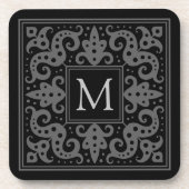 Eleganter Monogramm verzierter schwarz-grauer Anfa Getränkeuntersetzer (Vorderseite)