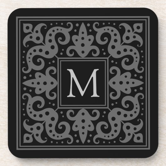 Eleganter Monogramm verzierter schwarz-grauer Anfa Getränkeuntersetzer (Vorderseite)