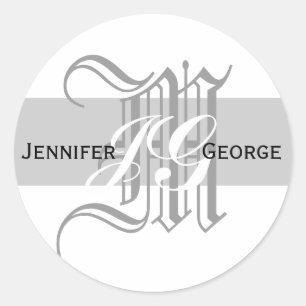 Eleganter Monogramm Weiß- und Grau Hochzeitsaufkle Runder Aufkleber