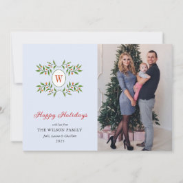 Eleganter monogrammatischer Kranz mit Citrus Blue Feiertagskarte