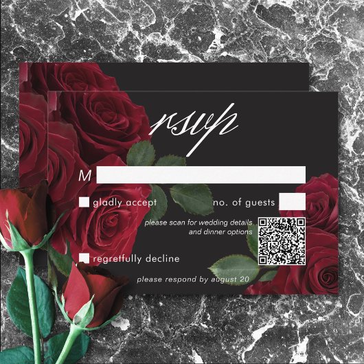 Eleganter Moody Blood Rote Rosen QR-Code RSVP Karte