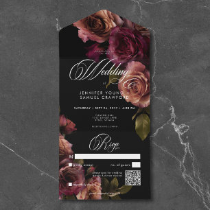 Eleganter Moody Mutes Rost & Burgund Floral QR Cod All In One Einladung