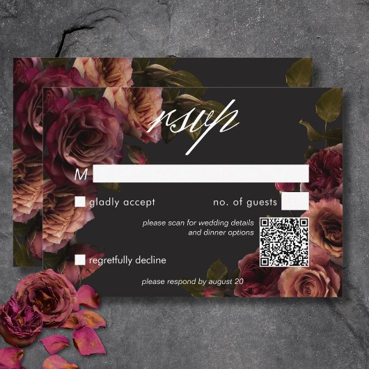 Eleganter Moody Mutes Rost & Burgund Floral QR Cod RSVP Karte