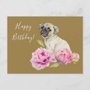 Eleganter Mops und Peonies   Geburtstag Postkarte