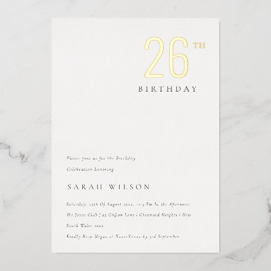 Eleganter, muffiger Goldfilm jedes Alter Geburtsta Folieneinladung (Vorderseite)