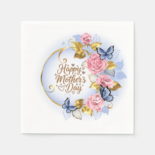 Eleganter Muttertag I Rosa Rose & Blauer Schmetter Serviette (Vorderseite)