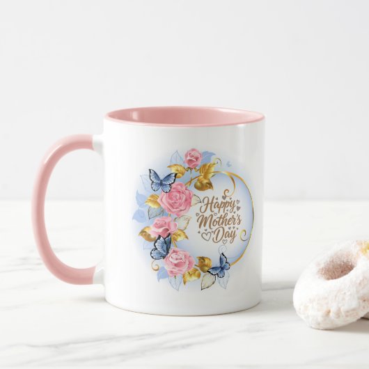 Eleganter Muttertag I Rosa Rose & Blauer Schmetter Tasse (Mit Donut)