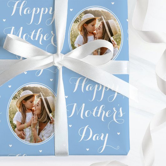 Eleganter Muttertags-Personalisierte-Foto Blau Wei Geschenkpapier