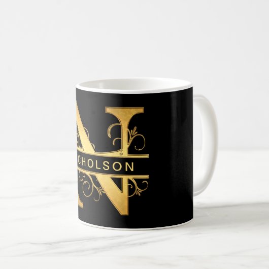 Eleganter "N" Monogram Personalisiert Name Black G Kaffeetasse (VorderseiteRechts)