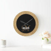 Eleganter Name aus schwarzem Glitzer Monogramm Große Wanduhr (Zuhause)
