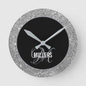 Eleganter Name aus schwarzem Glitzer, Monogramm Runde Wanduhr (Vorderseite)