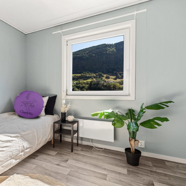 Eleganter Name botanische Linie schwarzer Lavendel Rundes Kissen (Von Creator hochgeladen)