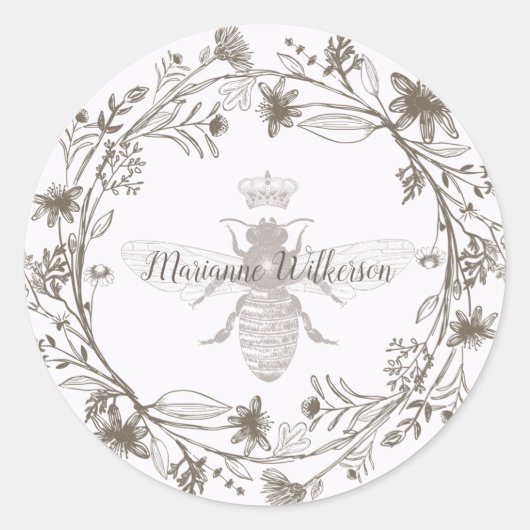 Eleganter Name der Biene und Krone Runder Aufkleber (Vorderseite)