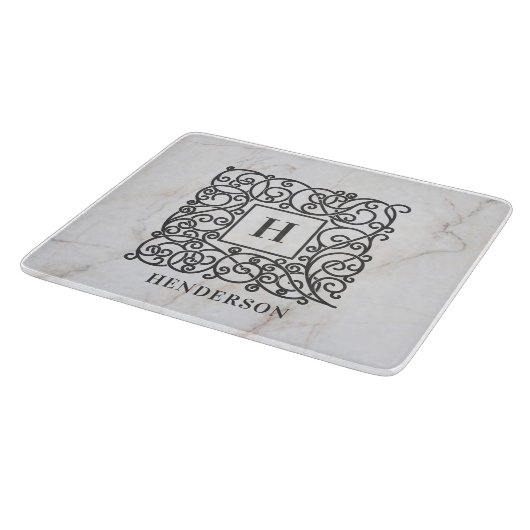 Eleganter Name der Monogram-Familie aus weißem Mar Schneidebrett (Ecke)