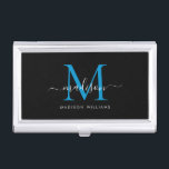 Eleganter Name des Blue Ocean Monogram Script Visitenkarten Dose<br><div class="desc">Eleganter Black Bright Ocean Blue Monogram Girly Script Name Business Card Fall</div>