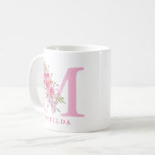 Eleganter Name des rosa, floralen Monogramms Kaffeetasse (Vorderseite Links)