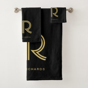 Eleganter Name des schwarzen Goldmonogramms Badhandtuch Set